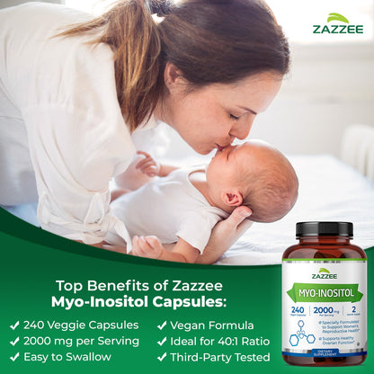Zazzee Myo-Inositol Capsules, 2000 mg per Serving, 120 Vegan Capsules | Ideal Dosage for 40:1 Ratio, Certified Kosher, Hormone Balance & Healthy Ovarian Function Support, Non-GMO, Made in the USA Gsupps Australia