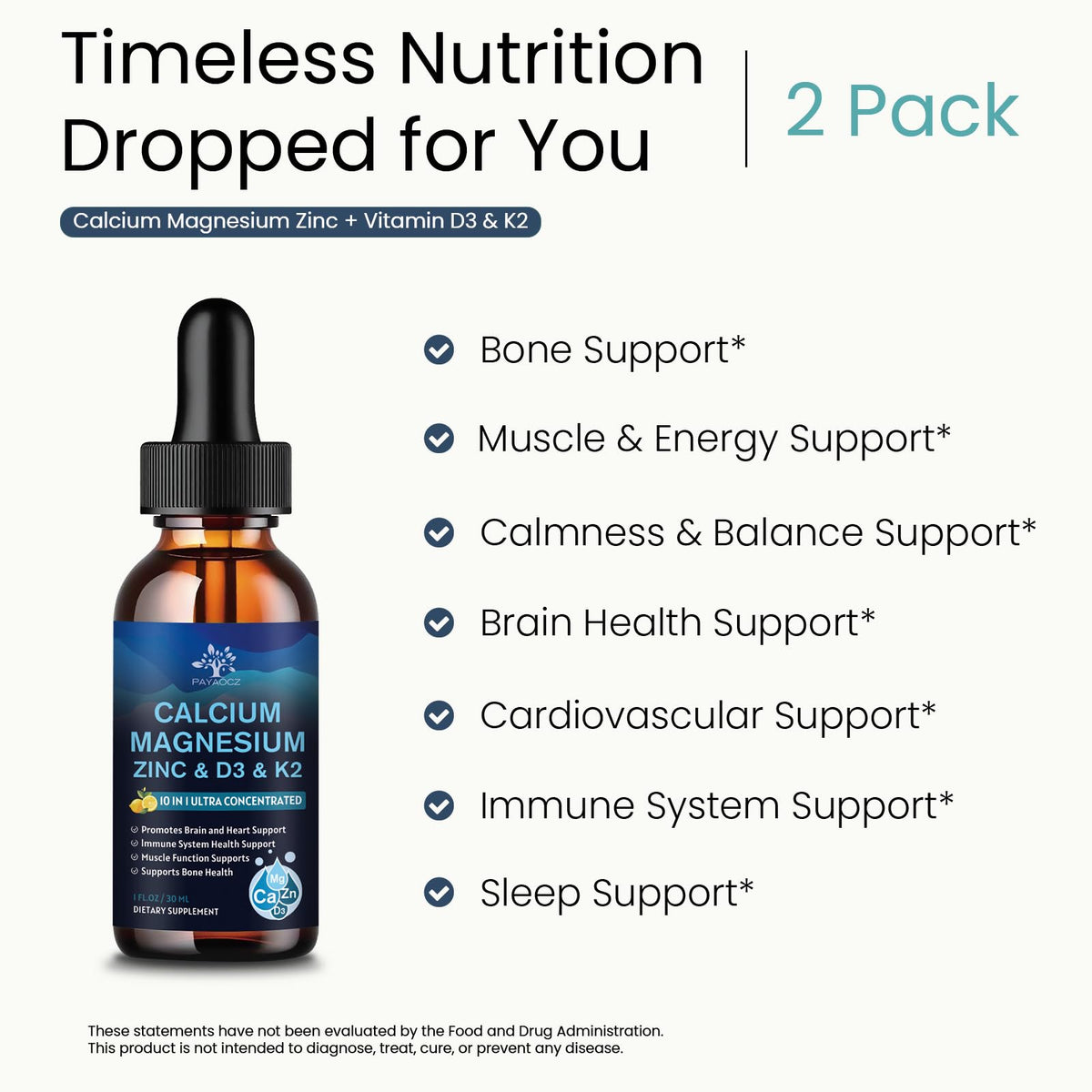 (2 Pack) 10 in 1 Magnesium Calcium Zinc Supplement with Vitamin C D3 K2, Glycinate Mag Vegan Liquid Drops Plus L-Theanine Boron Sea Moss Extract, Immune Support PAYAOCZ