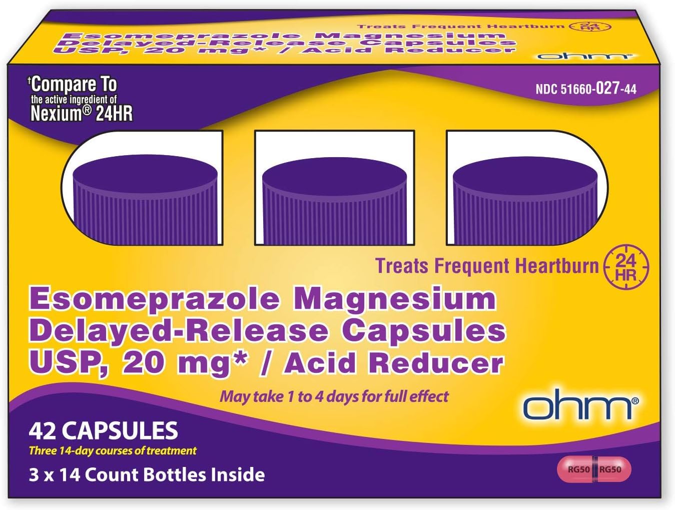 Ohm Esomeprazole Magnesium Delayed Release Capsules 20mg - Frequent Heartburn & Acid Reflux Relief, 24 Hour Chest & Stomach Acid Reducer (6 Weeks of Supply, 42, Count) Ohm buy australia supplements