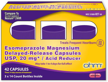 Ohm Esomeprazole Magnesium Delayed Release Capsules 20mg - Frequent Heartburn & Acid Reflux Relief, 24 Hour Chest & Stomach Acid Reducer (6 Weeks of Supply, 42, Count) Ohm buy australia supplements