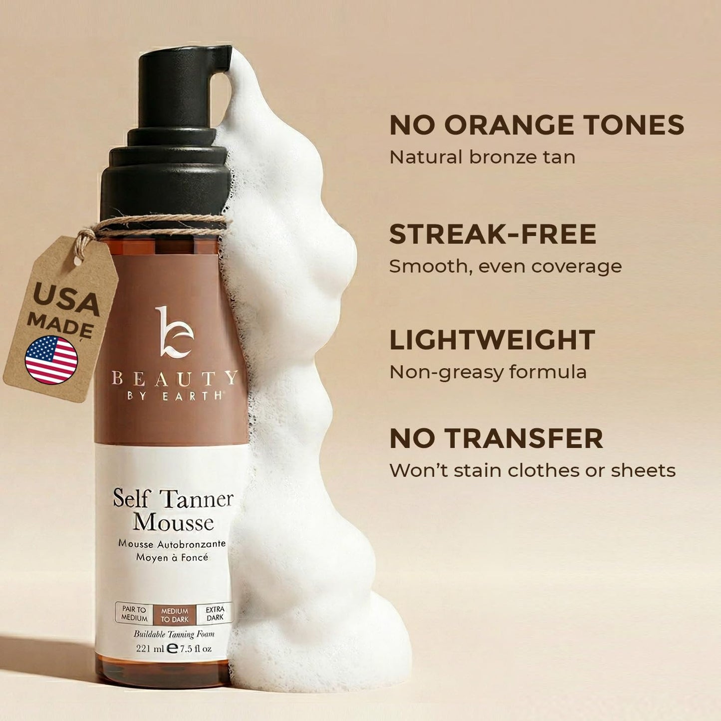 Self Tanner Mousse - USA Made with Natural & Organic Ingredients, Self Tanning Mousse for Dark Fake Tan, Sunless Tanner Beauty by Earth