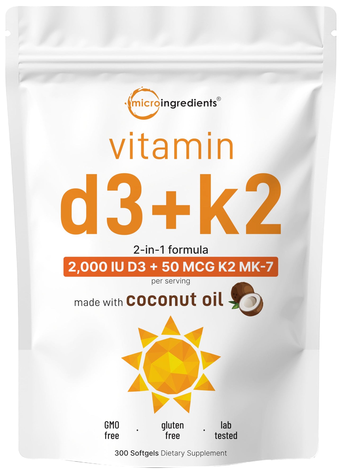 Micro Ingredients Vitamin D3 2,000 IU + K2 MK-7 50 mcg, 300 Softgels | Virgin Coconut Oil | 2-in-1 Support | Easy to Swallow, Non-GMO Micro Ingredients