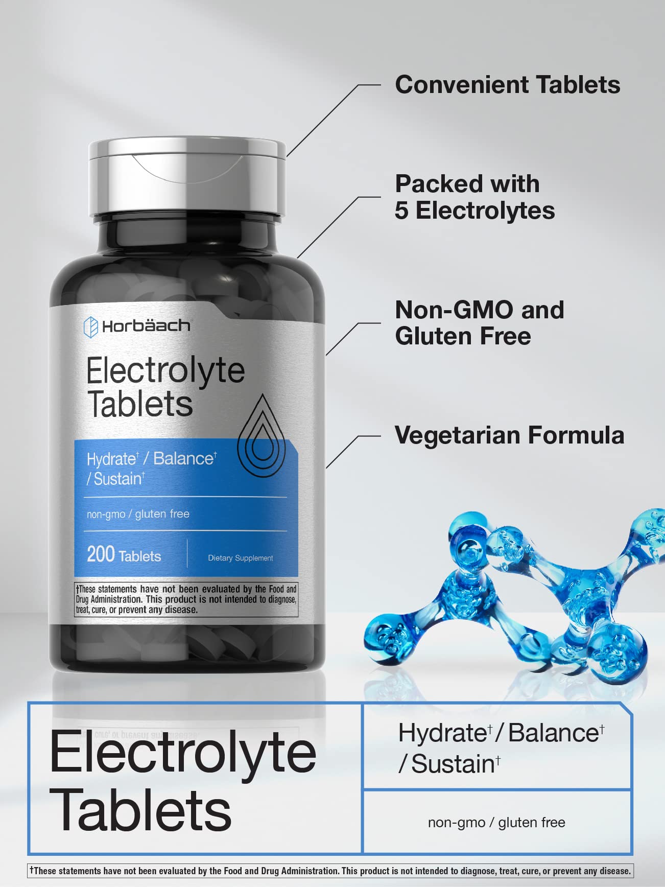 Horbäach Electrolyte Tablets | 200 Count | Helps Hydrate, Balance, & Sustain | with Calcium, Magnesium, Chloride, Sodium and Potassium | Vegetarian, Non-GMO & Gluten Free Horbäach buy australia supplements