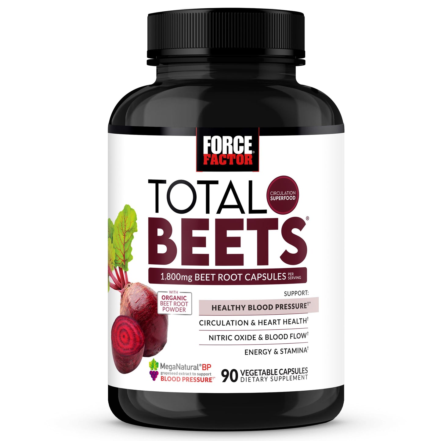 Force Factor Total Beets Blood Pressure Support Beet Root Capsules, 1800mg Organic Beet Root Powder Beet Supplement with Hawthorn Berry to Support Circulation Force Factor