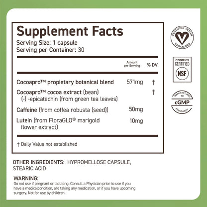 CocoaVia Memory & Focus Brain Supplement, 30 Day, Cocoa Flavanol Blend, Lutein, Added Caffeine for Boost. Improve Cognitive Function, Attention, Vegan & Plant Based, 30 Capsules CocoaVia