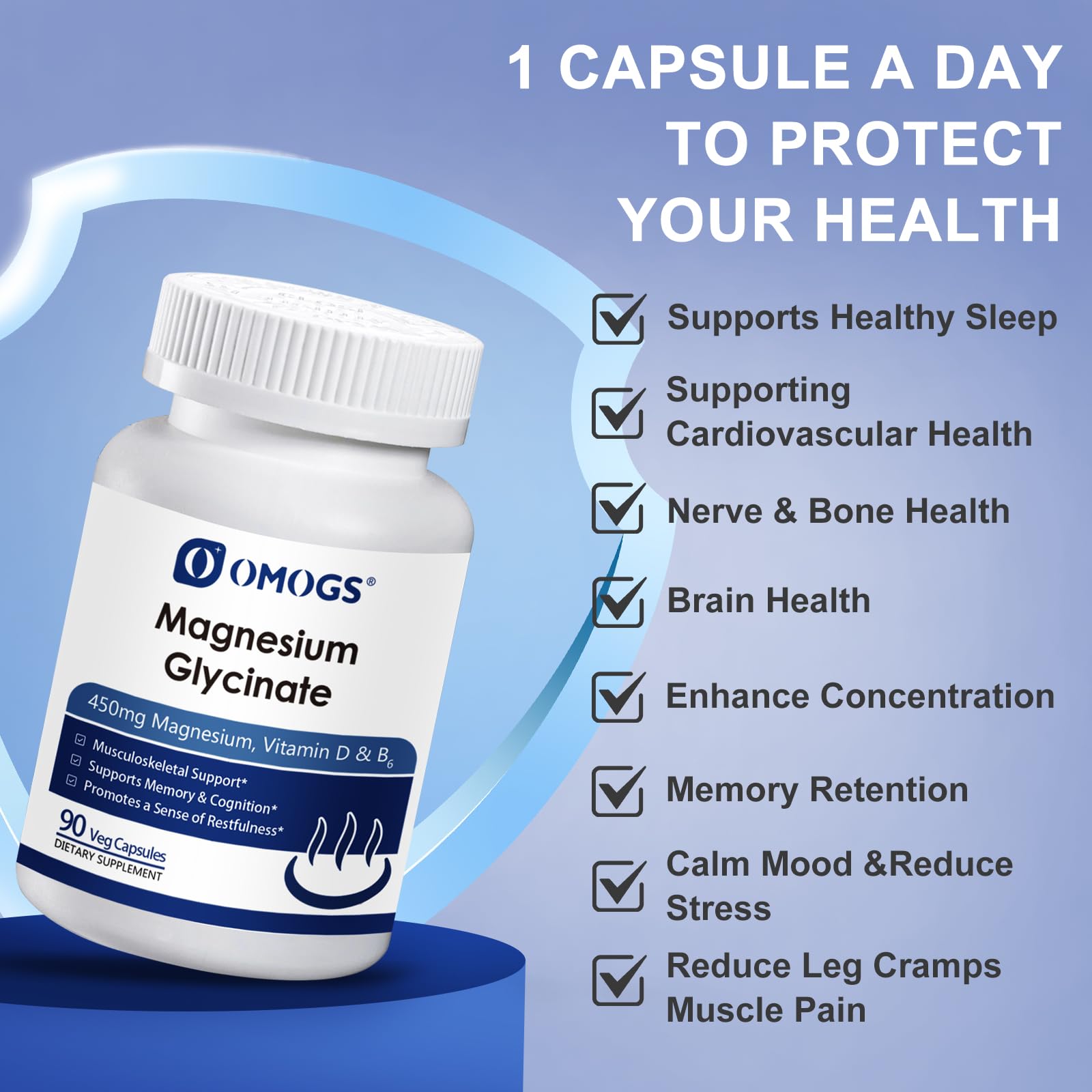 OMOGS High Absorption Magnesium Glycinate, for Supporting Sleep, Muscle Relaxation, Heart Health & Bone Health, Gluten Free, Non-GMO, 90 Vegetarian Capsules OMOGS buy australia supplements