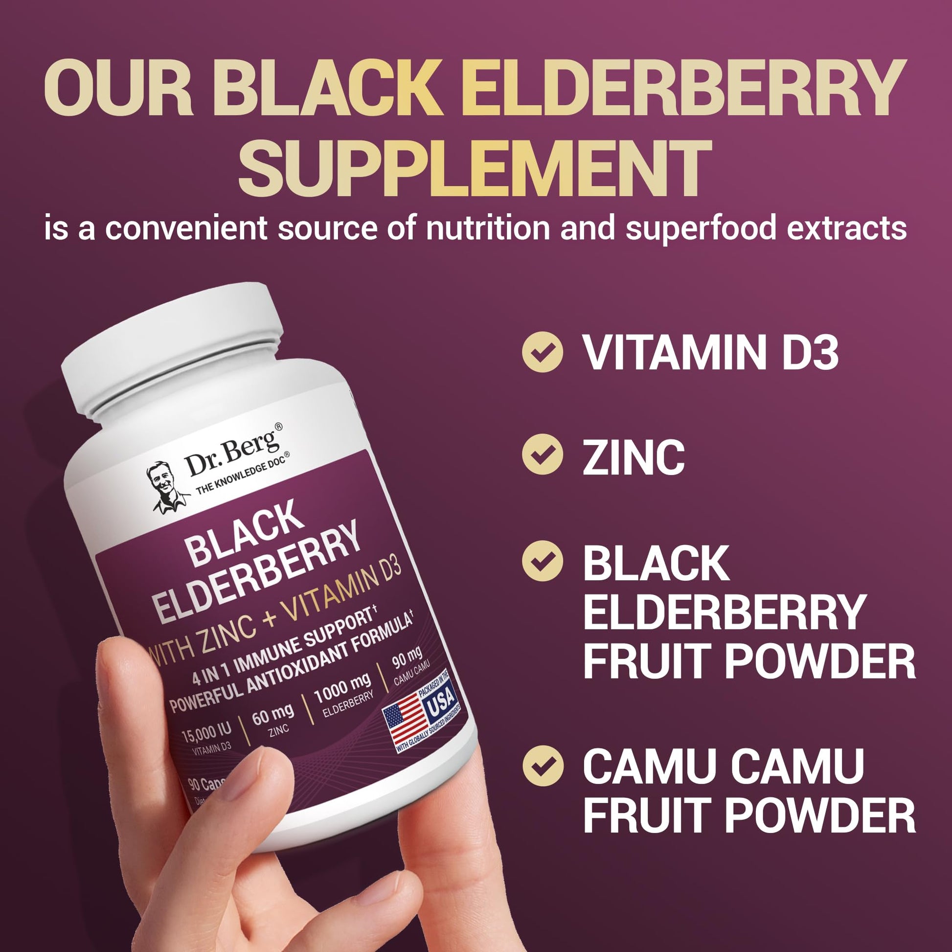 Dr. Berg Black Elderberry Capsules (Advanced Immune Support*) with 15,000 IU Vitamin D, 60 mg of Zinc, & 90 mg of Camu Camu - (4-in-1) Sambucus Elderberry Immune Support Supplement - 90 Capsules Dr. Berg Nutritionals buy australia supplements