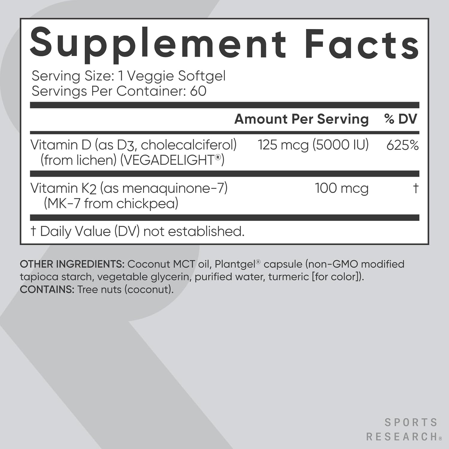 Sports Research® Vegan Vitamin D3 + K2 w/Coconut Oil, 60 Count Plantgels™ | Plant-Based Vitamin D 5000iu/125mcg & Soy-Free Vitamin K 100mcg for Bone & Immune Support - Vegan Certified · Non-GMO Gsupps Australia