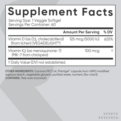 Sports Research® Vegan Vitamin D3 + K2 w/Coconut Oil, 60 Count Plantgels™ | Plant-Based Vitamin D 5000iu/125mcg & Soy-Free Vitamin K 100mcg for Bone & Immune Support - Vegan Certified · Non-GMO Gsupps Australia