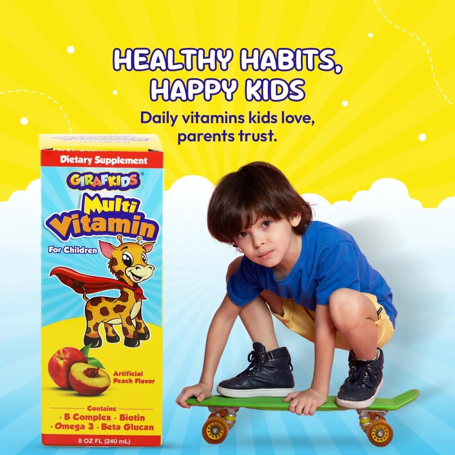GirafKids Liquid Multivitamin for Kids Ages 4+, 8oz - Daily Child Vitamins with Biotin, Vitamin A, B Complex, Folic Acid, Omega-3 & Beta Glucan PHARMADEL buy australia supplements