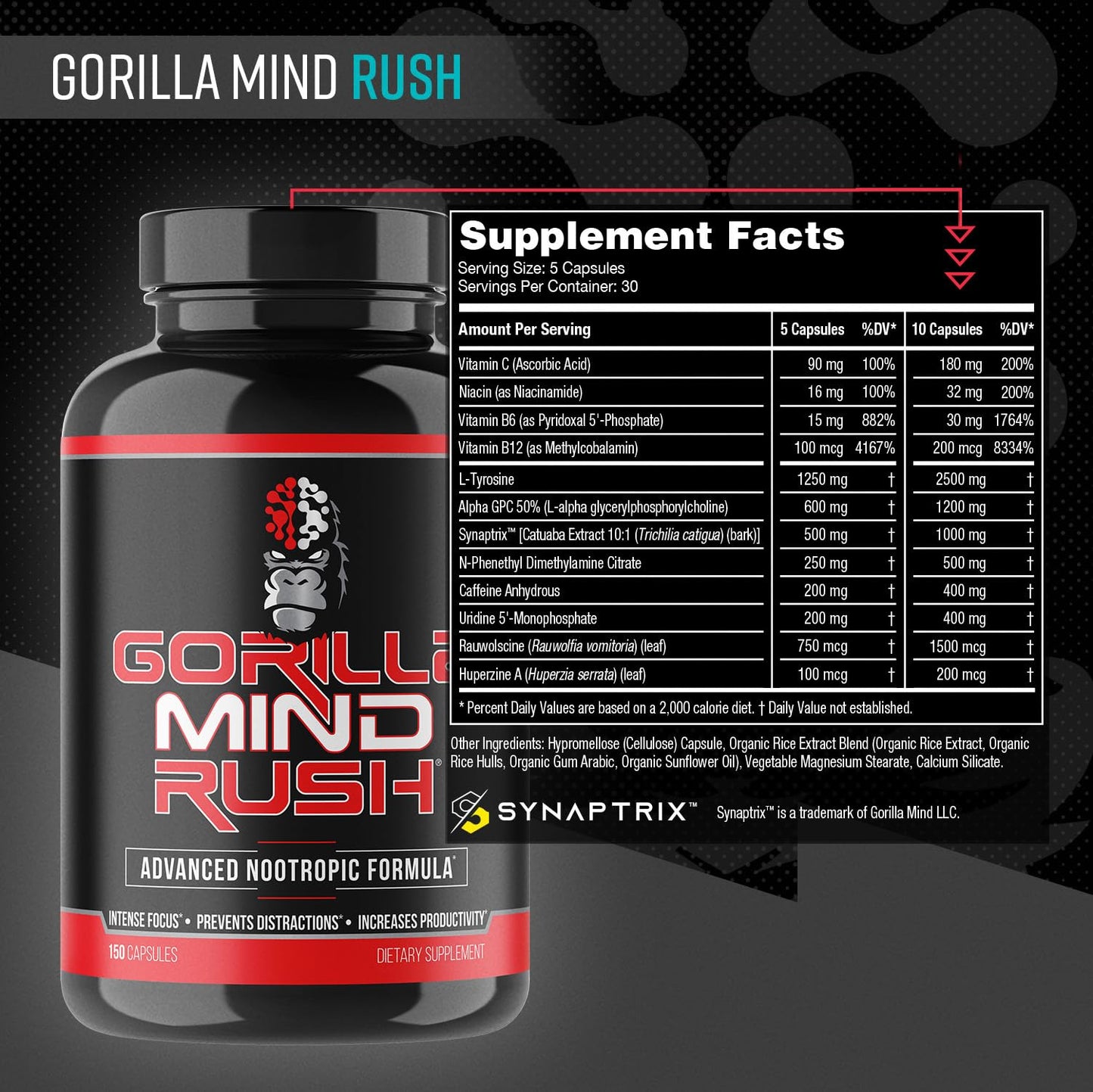 Gorilla Mind Rush - Nootropic Supplement | Intense Focus · Insane Productivity Cognitive Health Support, Memory, Focus, Gorilla Mind