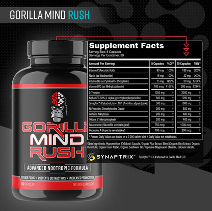 Gorilla Mind Rush - Nootropic Supplement | Intense Focus · Insane Productivity Cognitive Health Support, Memory, Focus, Gorilla Mind