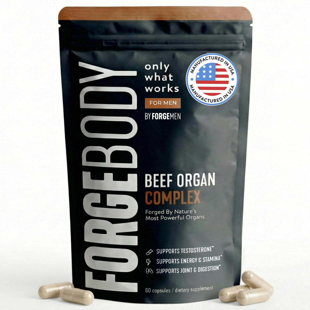 FORGEBODY® Beef Organ Complex Capsules [1 Month] - 100% Grass Fed Beef Organ Supplement with Blend of Liver, Heart, Bone Marrow, Pancreas & Testicles FORGEMEN