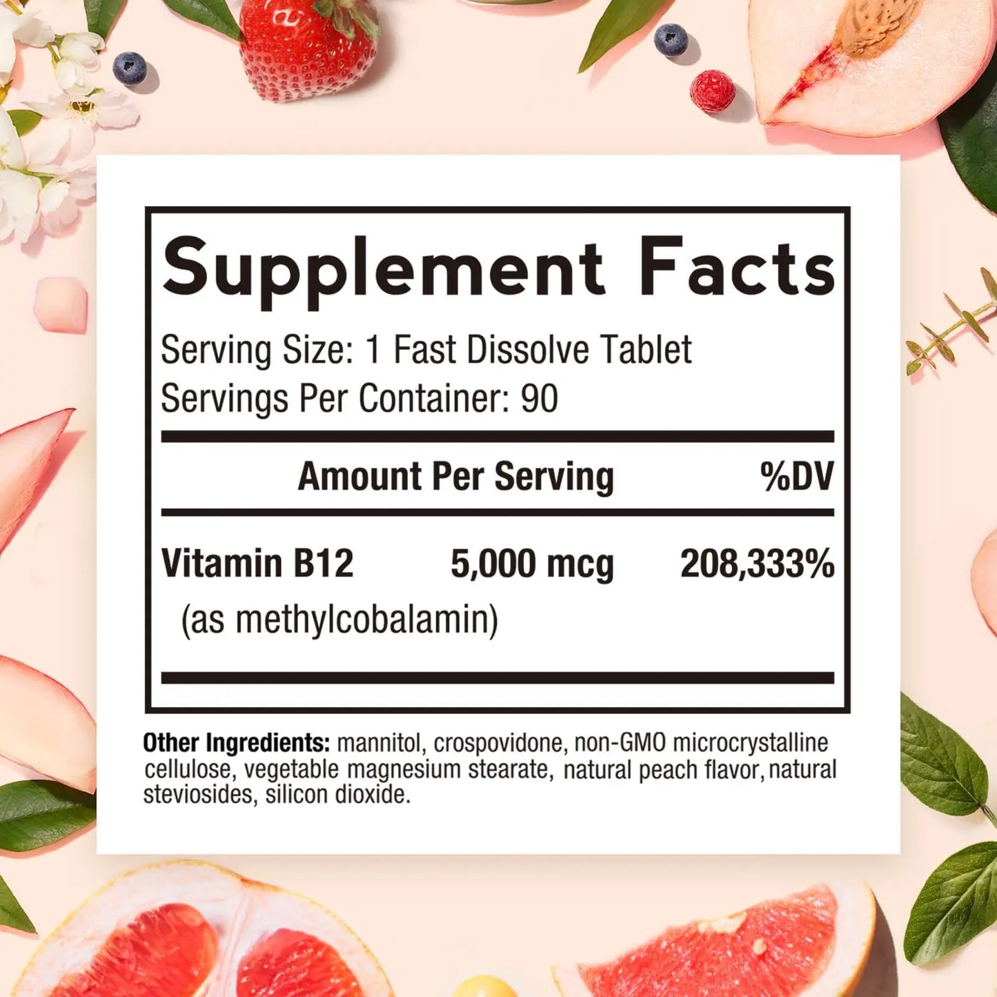 Doctor's Recipes Vitamin B12, Methylcobalamin 5000 mcg 90 Fast Dissolve Tablets, Natural Peach Flavor, Vegan Methyl, Energy Metabolism & Nervous System Doctor's Recipes