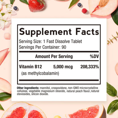 Doctor's Recipes Vitamin B12, Methylcobalamin 5000 mcg 90 Fast Dissolve Tablets, Natural Peach Flavor, Vegan Methyl, Energy Metabolism & Nervous System Doctor's Recipes