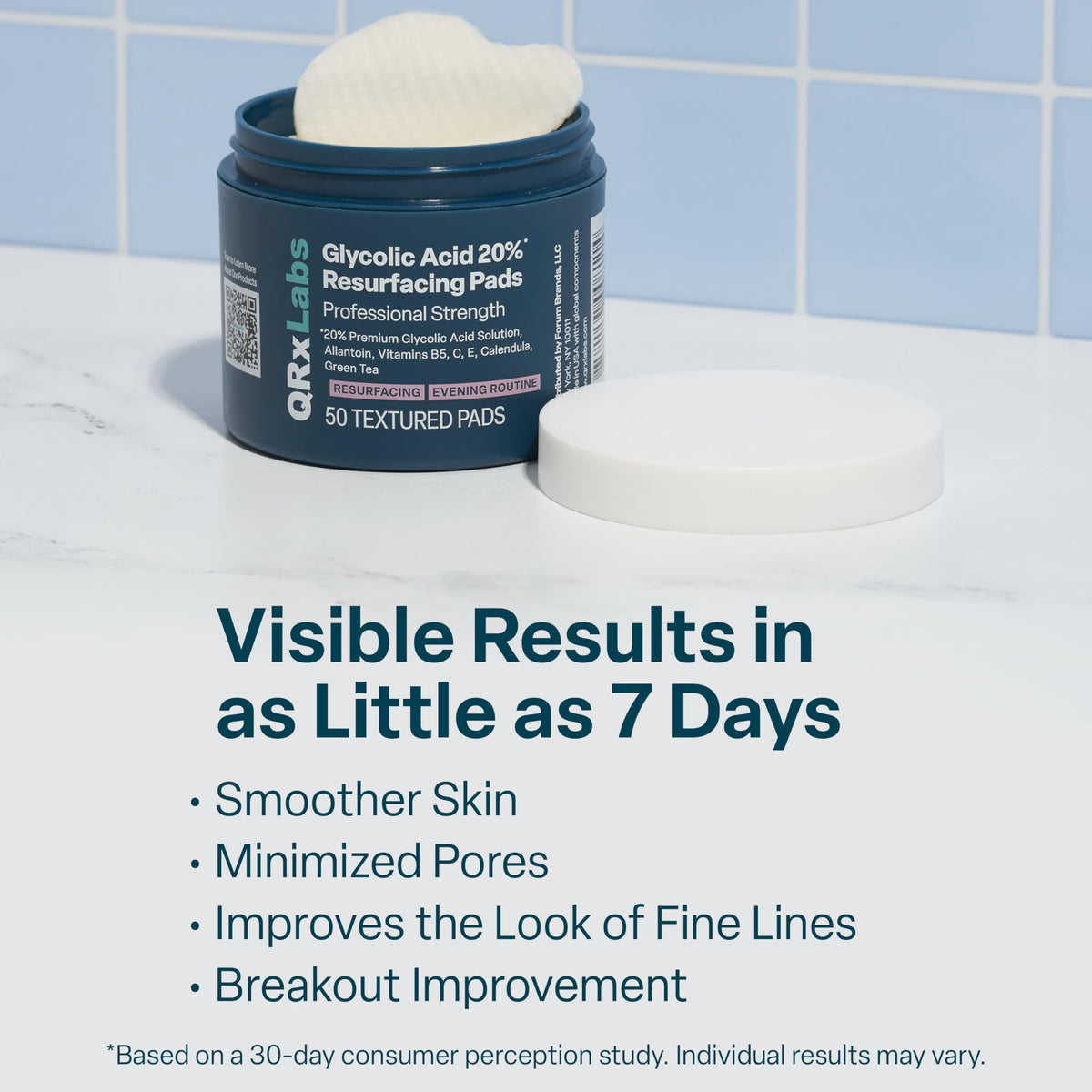 QRxLabs Glycolic Acid Pads - 20% Resurfacing Pads AHA for Face & Body - Exfoliates Skin Surface and Reduces Appearance of Fine Lines and Wrinkles - Acne Treatment Clearing - Daily Pads - 50ct QRxLabs