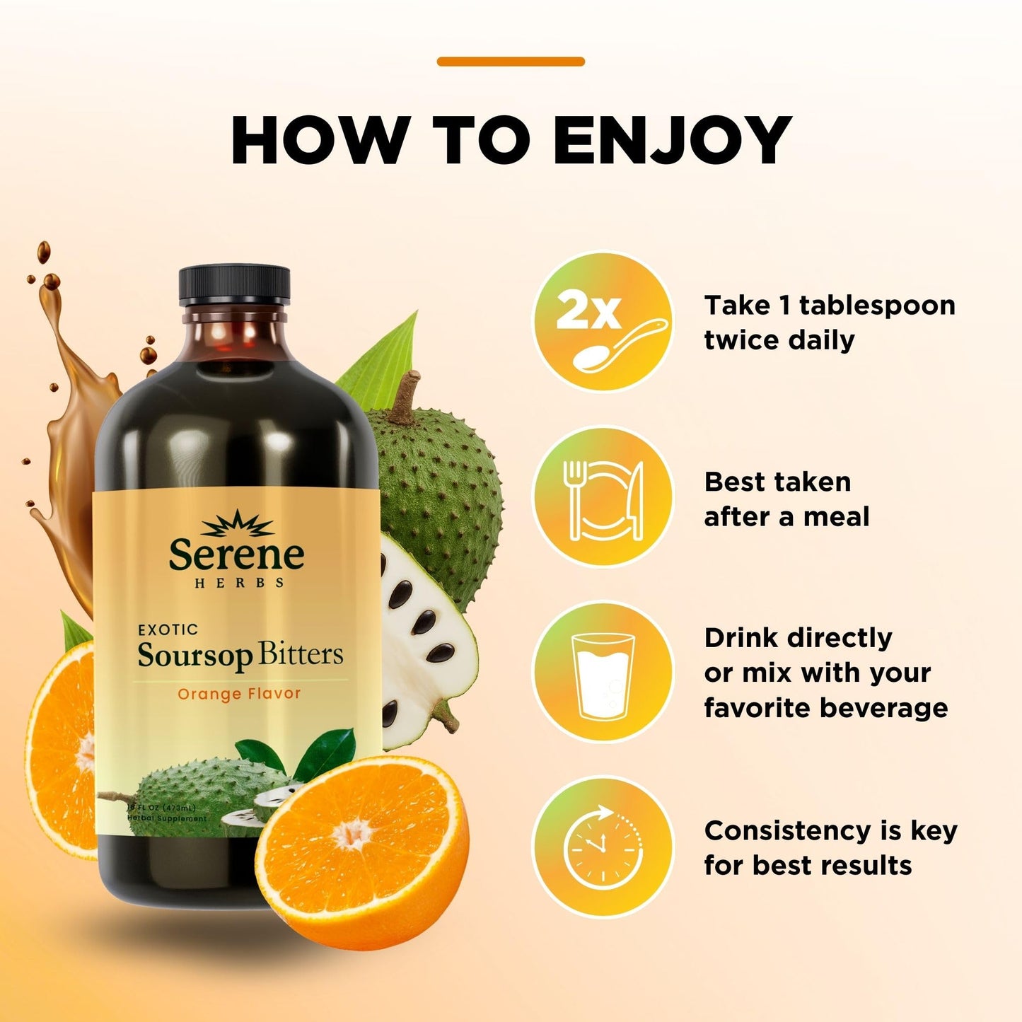 Serene Herbs Soursop Bitters Liquid with Soursop Leaves for Gut Cleanse, Detox & Immune Boost with Black Seed, Moringa, Irish Moss, Ashwaganda, Turmeric, 16 fl oz (16 Fl, Soursop)