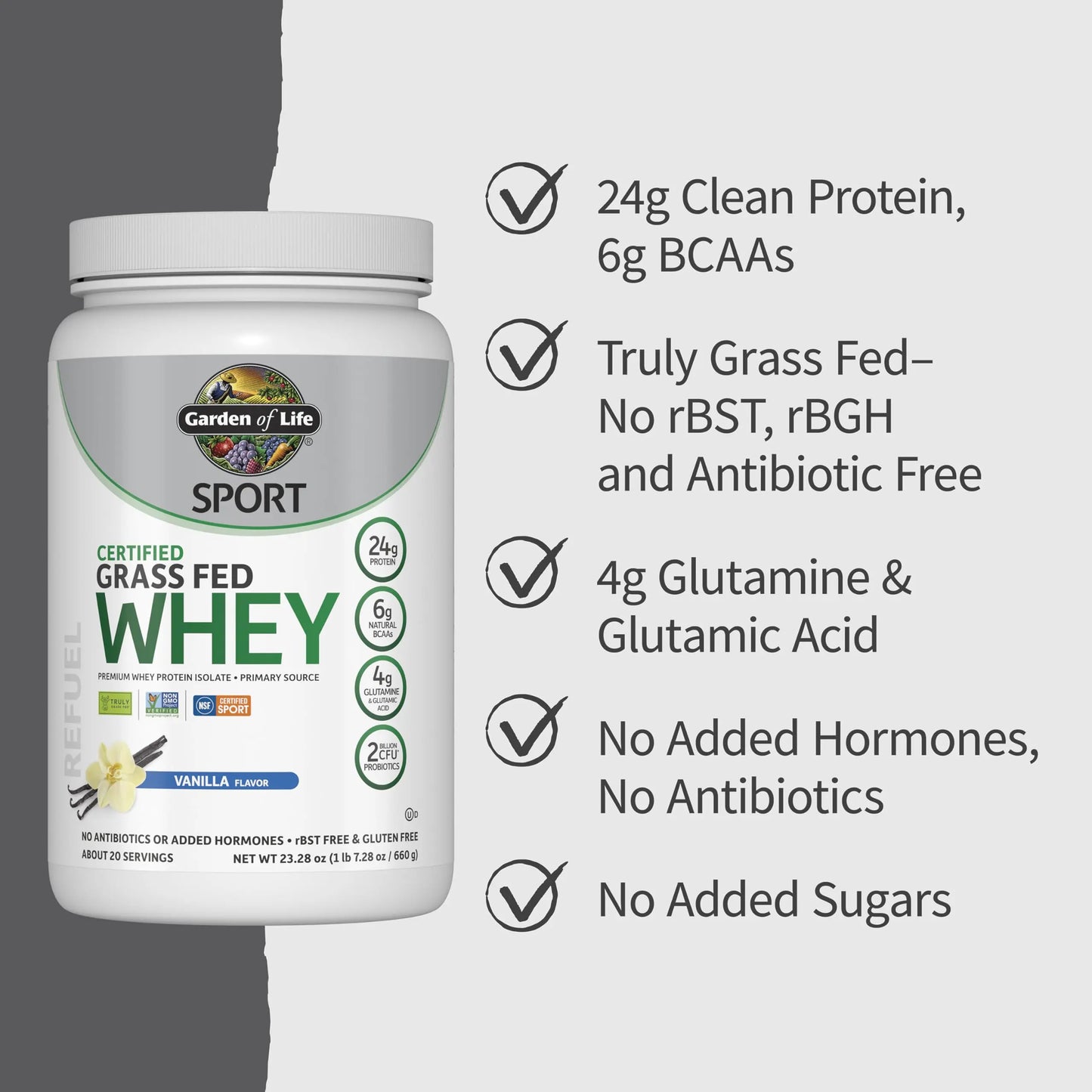 Garden of Life Sport Grass Fed Whey Protein Powder – 24g Whey Protein Isolate for Women & Men with Probiotics & Glutamine, Non-GMO, Gluten-Free, Cold-Processed, Vanilla Flavor, 20 Servings Garden of Life