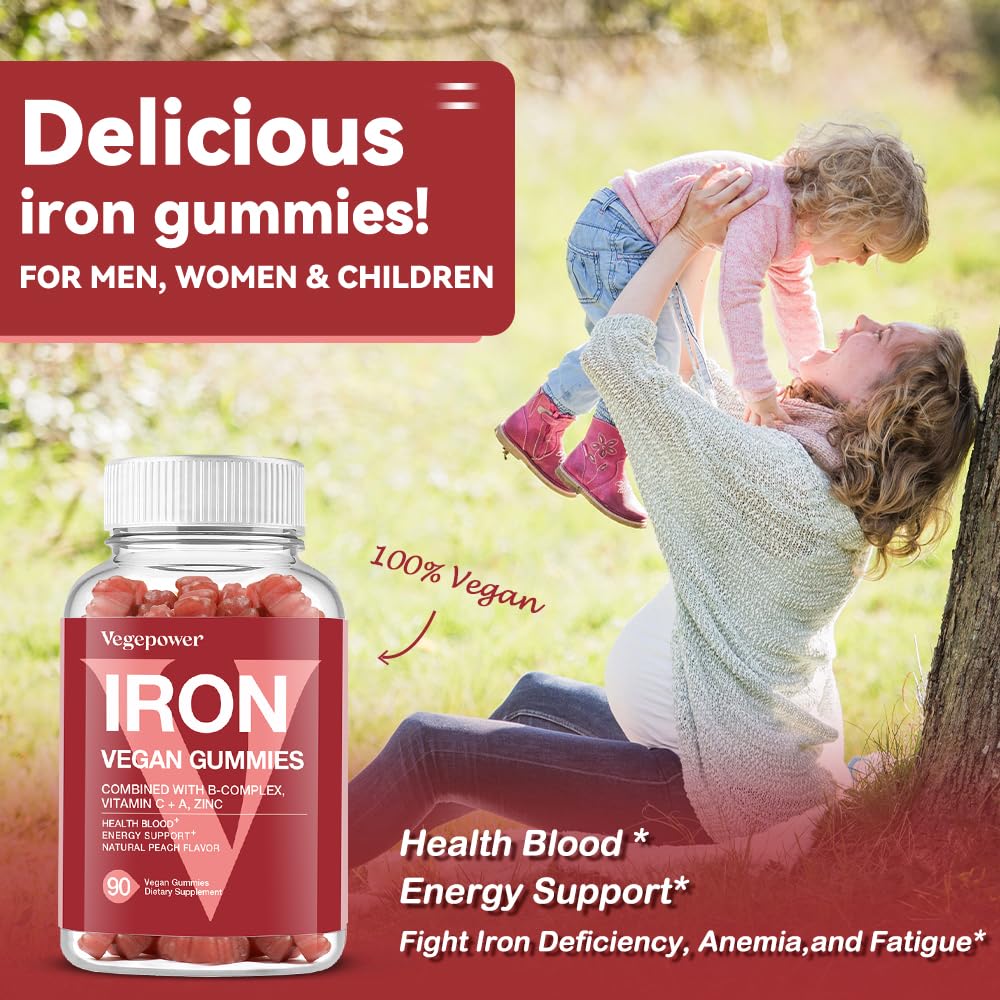 Vegan Iron Gummies Supplement - with Vitamin C, A, B-Complex, Folate, Zinc for Adults & Kids - Health Blood & Energy Support for Iron Deficiency, VEGEPOWER