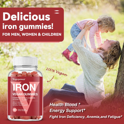 Vegan Iron Gummies Supplement - with Vitamin C, A, B-Complex, Folate, Zinc for Adults & Kids - Health Blood & Energy Support for Iron Deficiency, VEGEPOWER