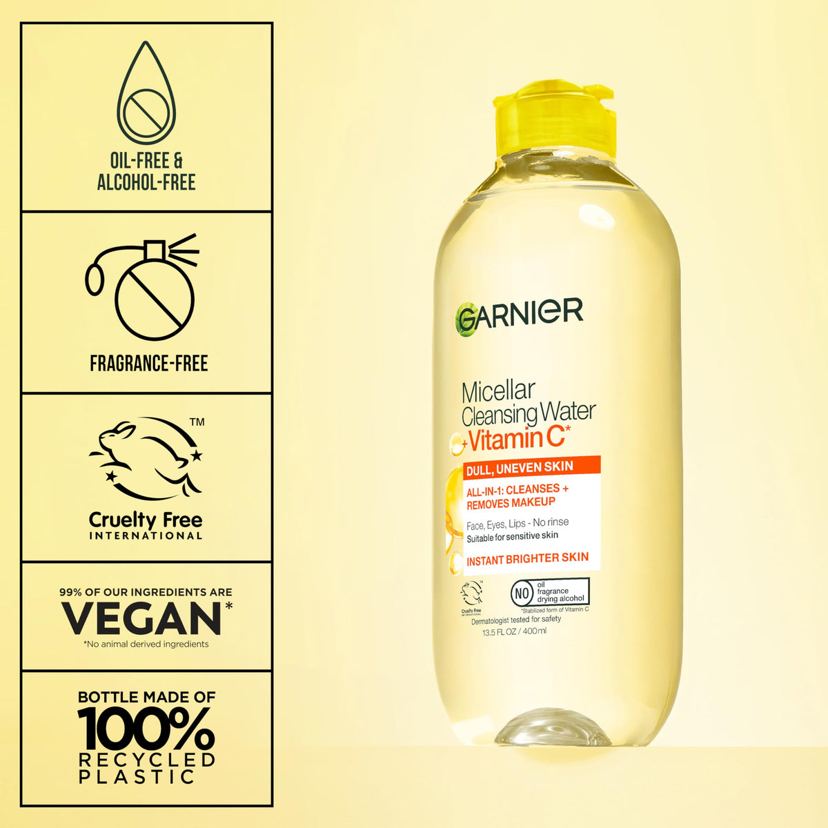 Garnier Micellar Water with Vitamin C, Facial Cleanser & Makeup Remover, Brightening & Hydrating, For All Skin Types, Vegan, Cruelty Free, 13.5 Fl Oz (400mL), 1 Count Garnier