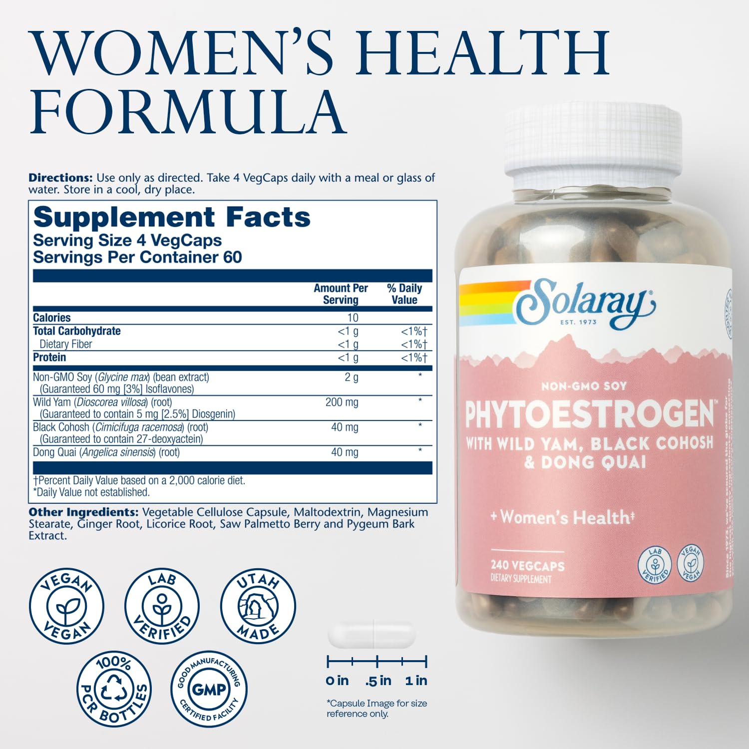 SOLARAY PhytoEstrogen Menopause Supplements with Wild Yam, Black Cohosh and Dong Quai - Phyto Estrogen Pills for Perimenopause and Menopause Support, Vegan, 60-Day Guarantee, 60 Servings, 240 VegCaps SOLARAY buy australia supplements
