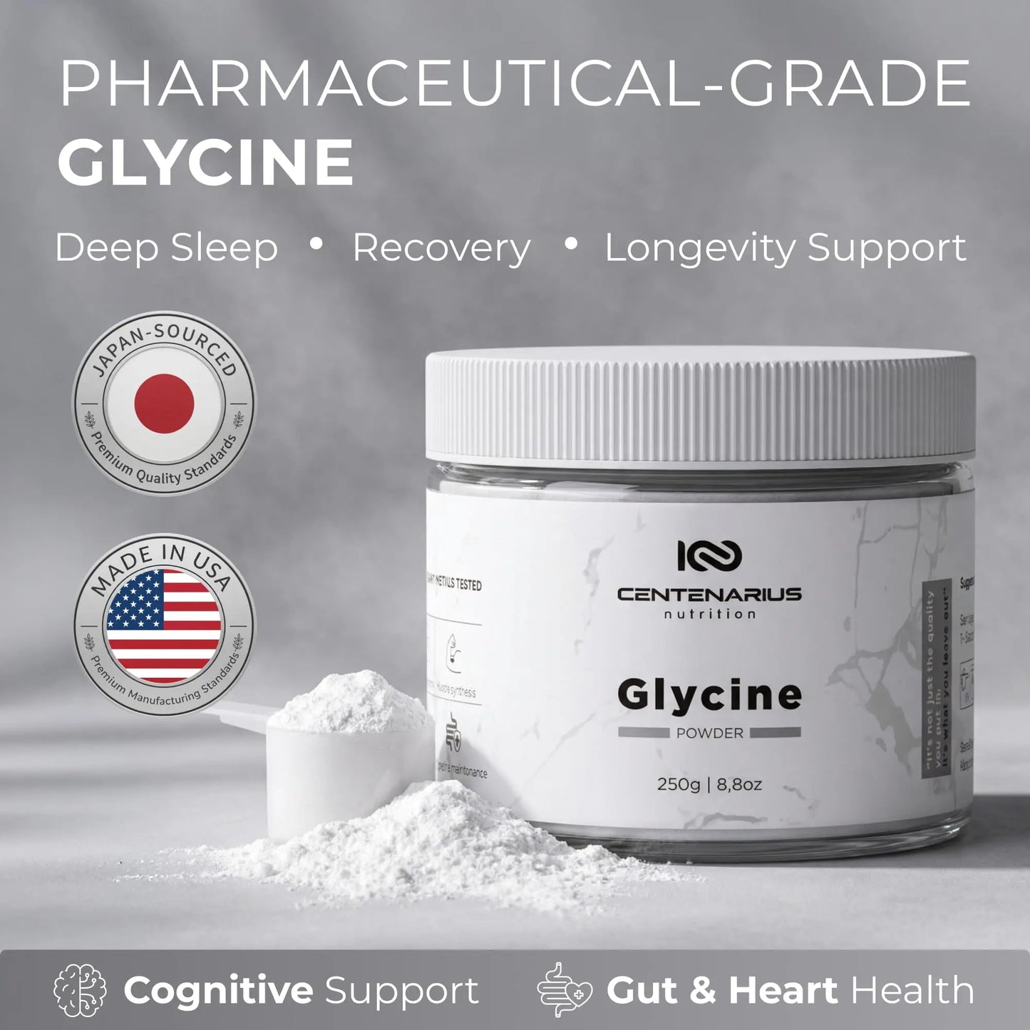 Premium Glycine Powder 250g | Amino Acids Supplement for Post Workout Muscle Recovery, Digestion, Sleep Aid + More - Vegan, Additive-Free Centenarius Nutrition