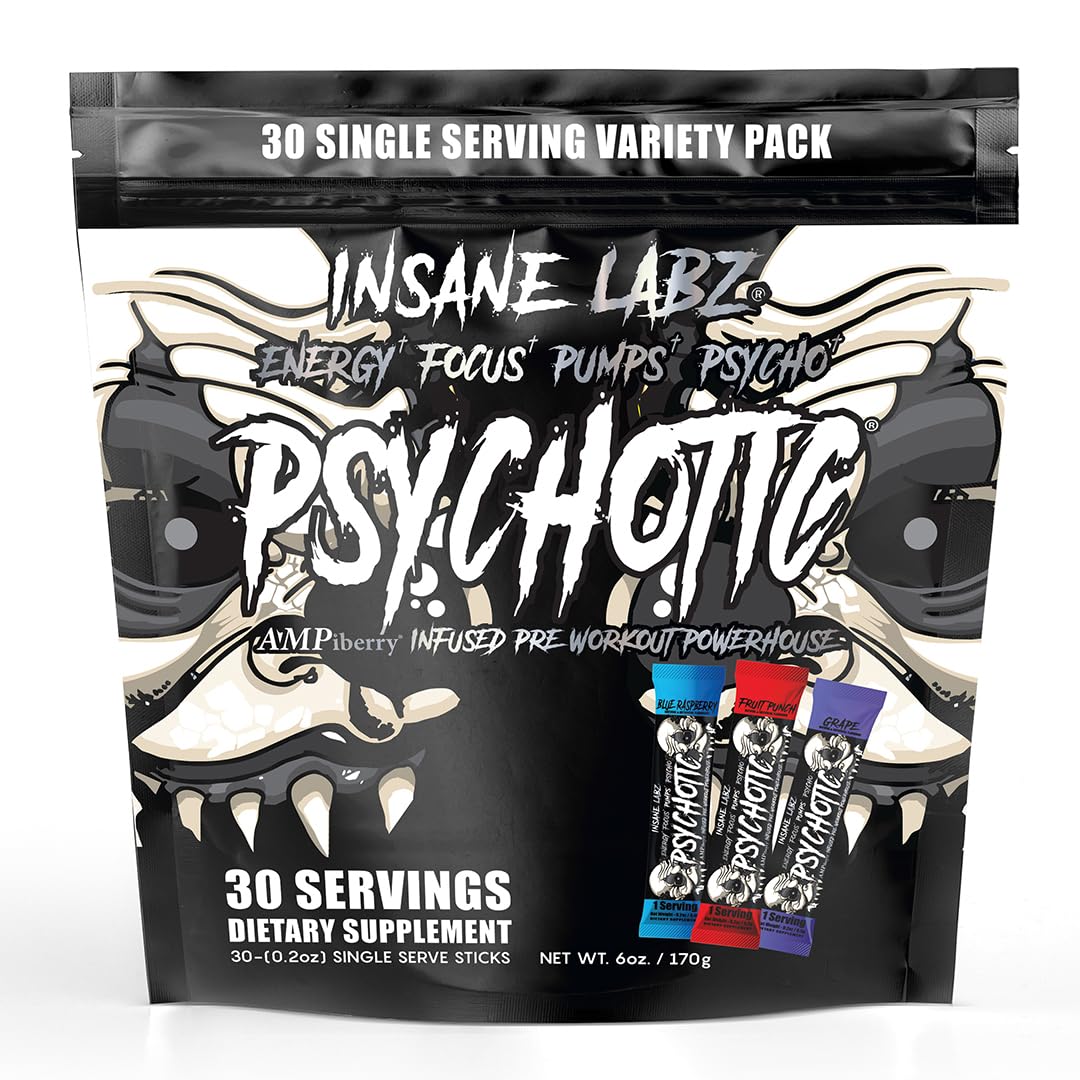 Insane Labz Psychotic Black Edition Mid Stimulant Pre Workout Powder, Energy Focus Pumps, Loaded with Creatine Beta Alanine Taurine Fueled by AMPiberry, 35 Servings (Blue Raspberry)