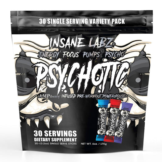 Insane Labz Psychotic Black Edition Mid Stimulant Pre Workout Powder, Energy Focus Pumps, Loaded with Creatine Beta Alanine Taurine Fueled by AMPiberry, 35 Servings (Blue Raspberry)