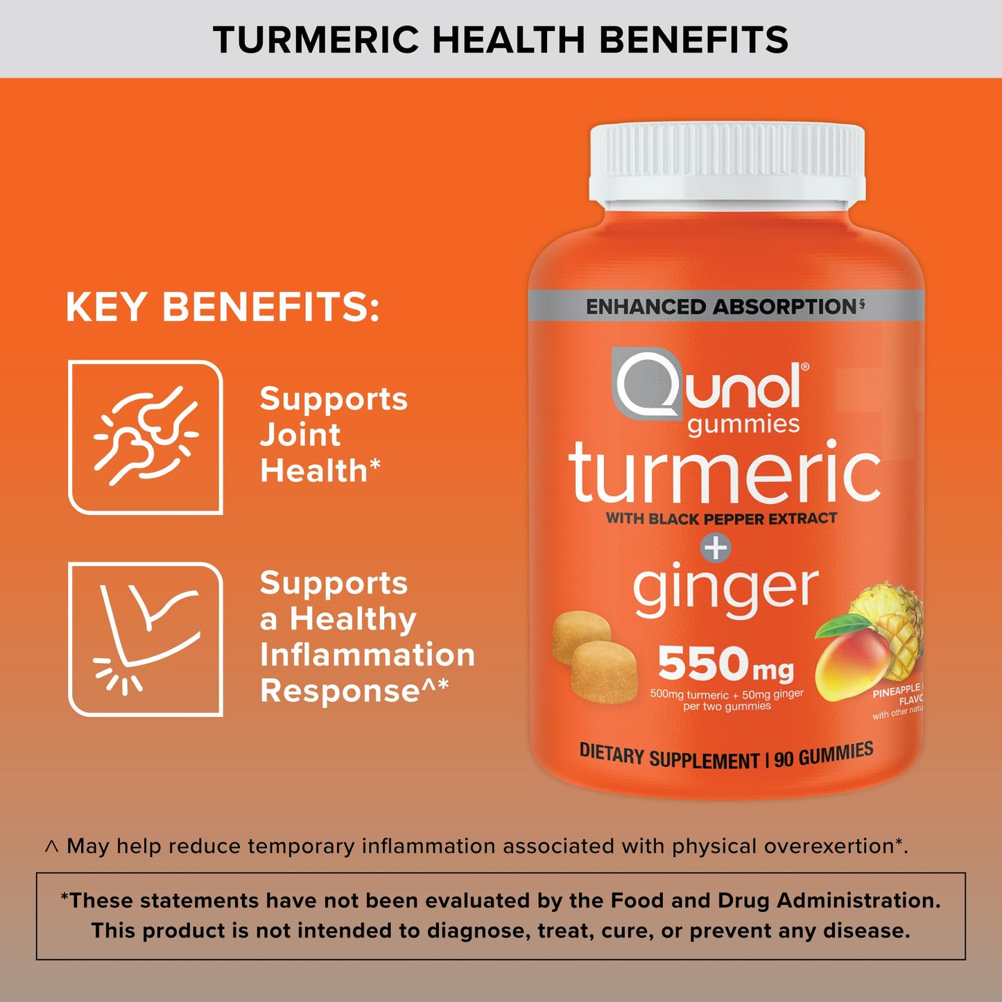 Qunol Turmeric and Ginger with Black Pepper Gummies, Turmeric Curcumin Supplement, Joint Health Support Gummy, 90ct Gummies Qunol