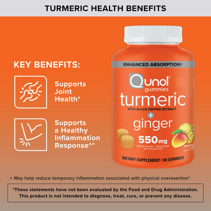 Qunol Turmeric and Ginger with Black Pepper Gummies, Turmeric Curcumin Supplement, Joint Health Support Gummy, 90ct Gummies Qunol