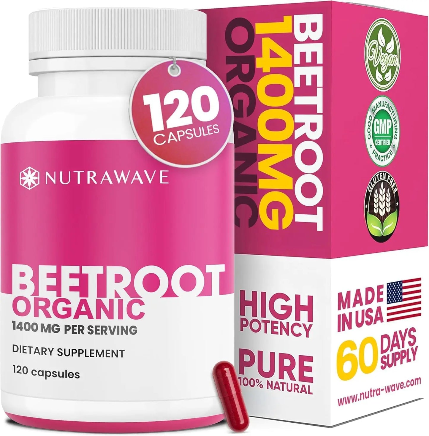 Nutra Wave 1400mg Organic Beet Root Capsules Per Serving – Nitric Oxide Booster for Men – Supports Blood Pressure, Energy, Circulation & Heart Health – Non-GMO, Vegan – 120 Capsules / 60 Day Supply Nutra Wave