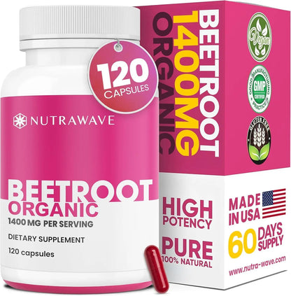 Nutra Wave 1400mg Organic Beet Root Capsules Per Serving – Nitric Oxide Booster for Men – Supports Blood Pressure, Energy, Circulation & Heart Health – Non-GMO, Vegan – 120 Capsules / 60 Day Supply Nutra Wave