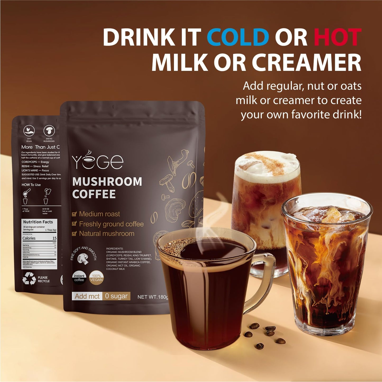 Mushroom Coffee, Instant Mushroom Coffee with Cordyceps, Reishi, King Trumpet, Shiitake, Turkey Tail, Lions Mane for Energy YEGE