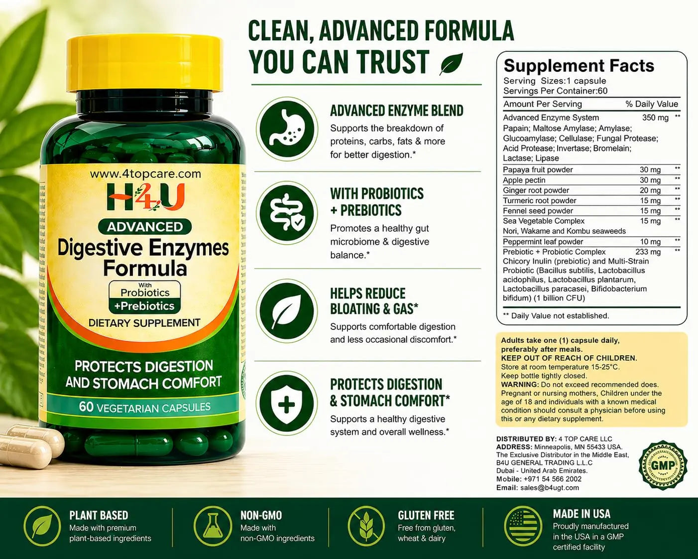 H4U Advanced Digestive Enzymes with Probiotics & Prebiotics – Multi Enzyme Supplement for Gut Health, Digestion Support, Bloating Relief & Stomach Comfort, H4U