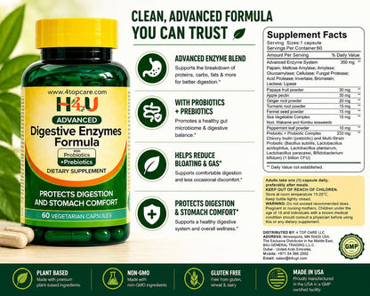 H4U Advanced Digestive Enzymes with Probiotics & Prebiotics – Multi Enzyme Supplement for Gut Health, Digestion Support, Bloating Relief & Stomach Comfort, H4U