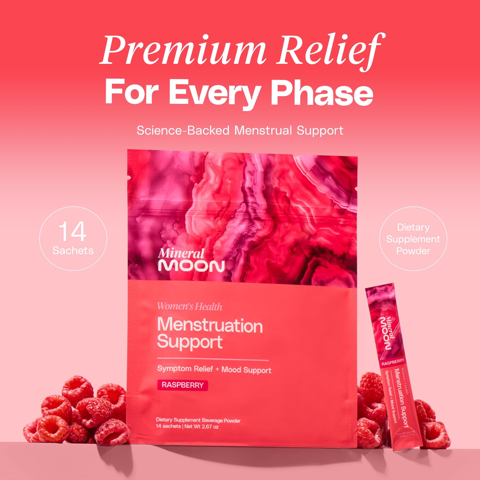 Mineral Moon Premium Menstruation Support - 14 Sachets Raspberry Drink - Hormonal Balance & PMS Support - Reduce Period Cramps, Fatigue & Nausea -with Magnesium Bisglycinate, BenfoPure B1 & Vitamin B6 Mineral Moon buy australia supplements