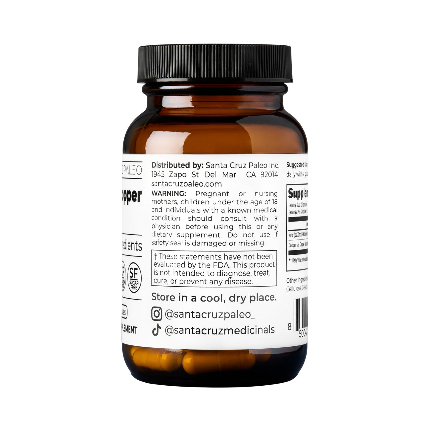 Santa Cruz Paleo, Zinc & Copper Mineral Supplement, High Absorption Formula, Zinc Supplement for Skin & Hair, L Methionine, Copper Gluconate, Trace Minerals Santa Cruz Paleo