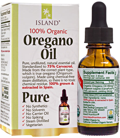 Island Nutrition, Oregano Oil Organic Liquid Drops - 100% Pure & Undiluted - USDA-Certified Organic (1 oz) 75% Carvacrol Island Nutrition