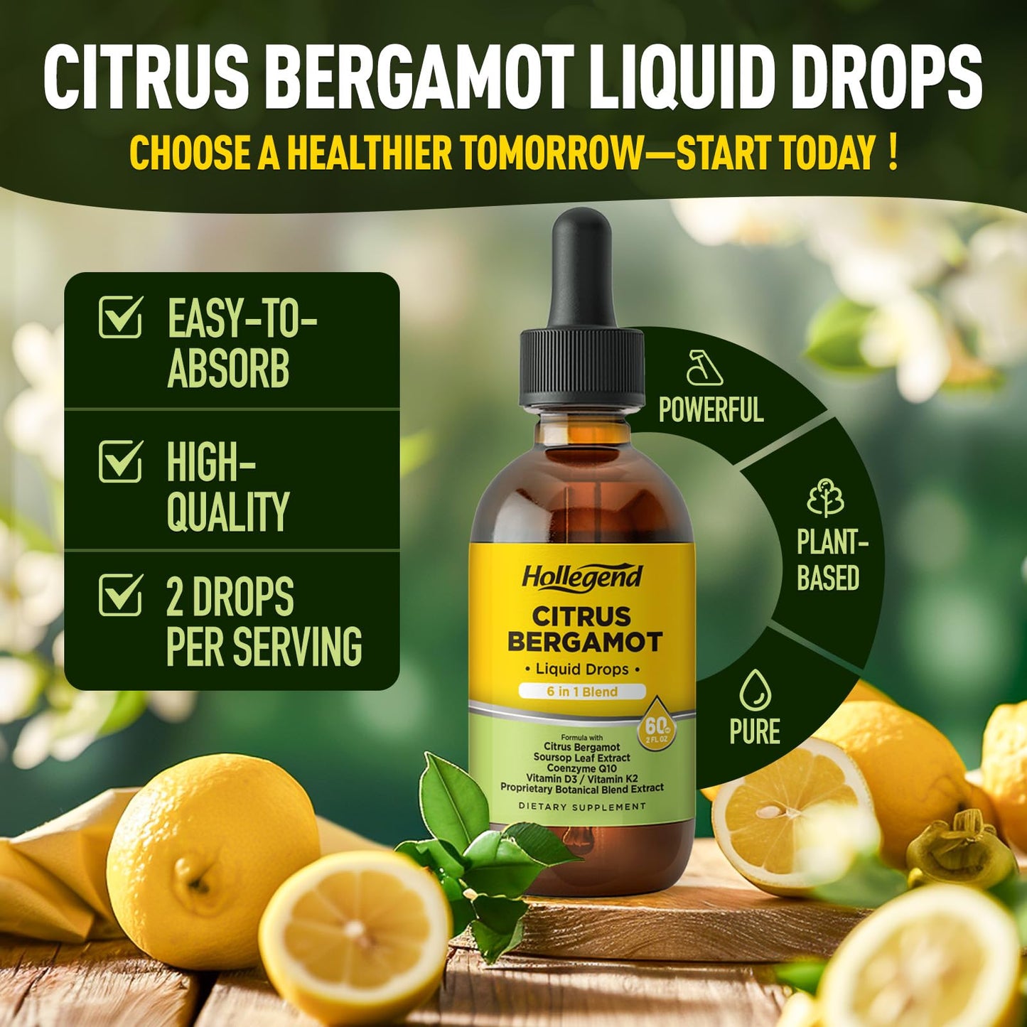 HOLLEGEND Citrus Bergamot Liquid Drops, Organic Citrus Bergamot 1000mg Supplement, Plus Soursop, CoQ10, Vitamin D3, K2, HOLLEGEND