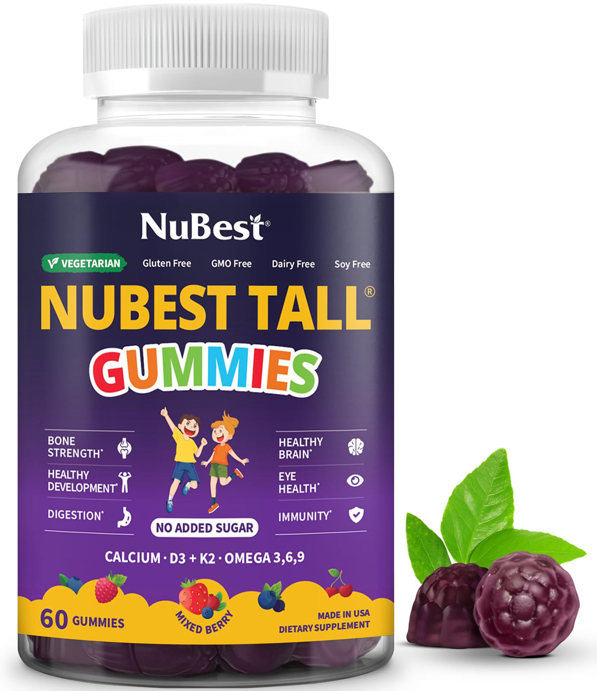 NuBest Tall Gummies for Kids Age 2+ & Teens | Bone Strength, Immunity, Digestive Health with Calcium, Vitamin D3, K2, B Complex, Magnesium, Zinc NuBest