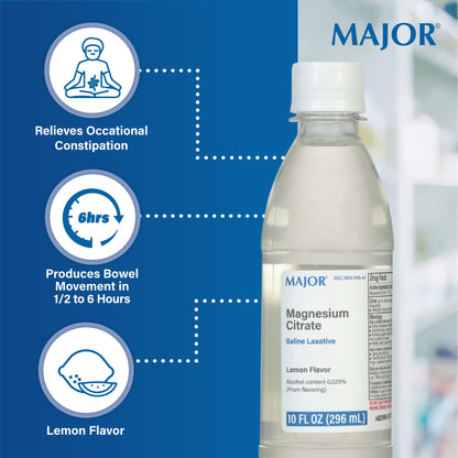 Major Magnesium Citrate Saline Laxative - Helps Relieve Occasional Constipation (Irregularity) - Lemon Flavor - 10 Fl. Oz. (1 Pack) MAJOR
