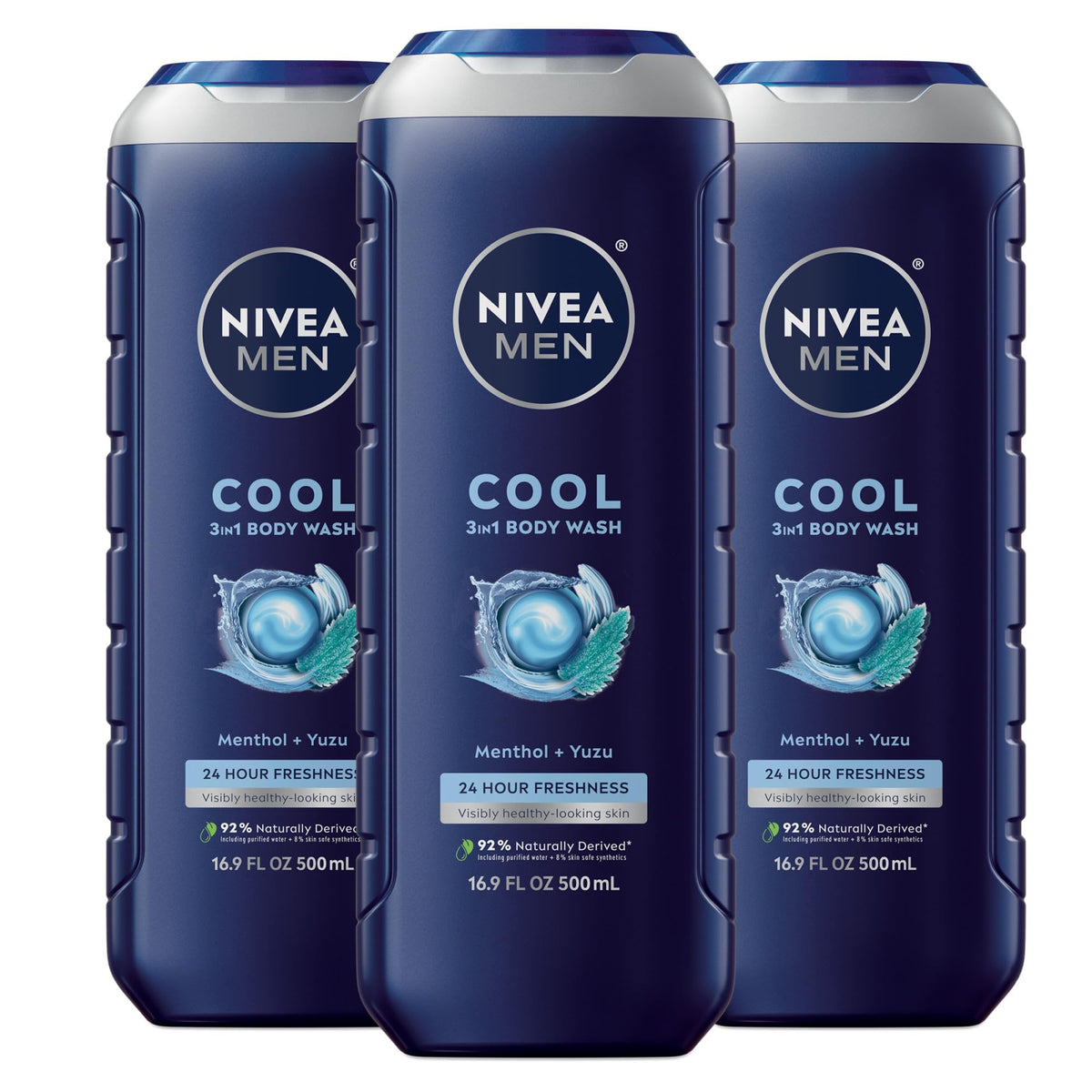 NIVEA MEN Cool 3-in-1 Body Wash with Menthol, Multipack, 3 x 16.9 FL OZ NIVEA MEN