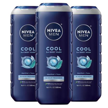 NIVEA MEN Cool 3-in-1 Body Wash with Menthol, Multipack, 3 x 16.9 FL OZ NIVEA MEN