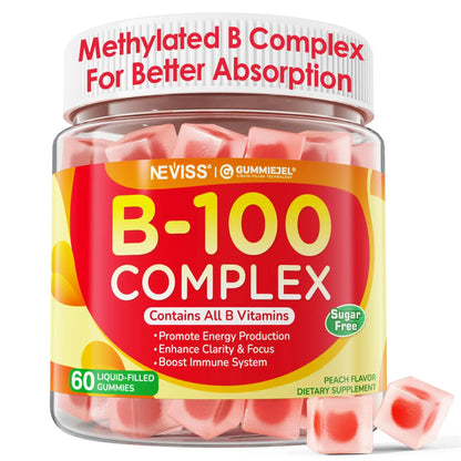 Super Vitamin B Complex Gummies - Methylated B Complex for Women & Men, All B Vitamins, Methyl B12, Methylfolate, Vitamin C, Choline, Inositol, PABA for Energy NEVISS