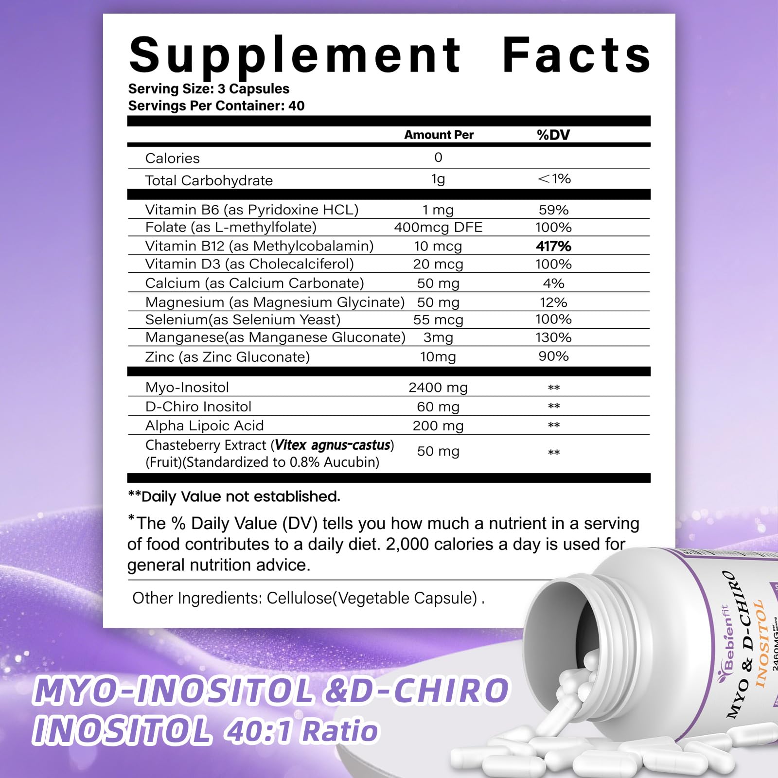 13-in-1 Myo Inositol & D-Chiro Inositol for Women PCOS,Hormonal Balance,2460mg-40:1 Ratio,Ovarian Health&Cycle Support Supplement Plus Alpha Lipoic Acid/Folate/Vitex/Magnesium/Multivitamin,120 Veg Cap Bebien fit buy australia supplements