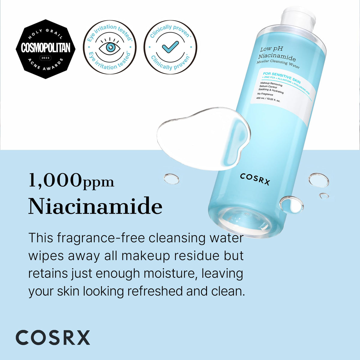 COSRX Low pH Niacinamide Cleansing Water for Sensitive Skin, 13.52 fl.oz COSRX