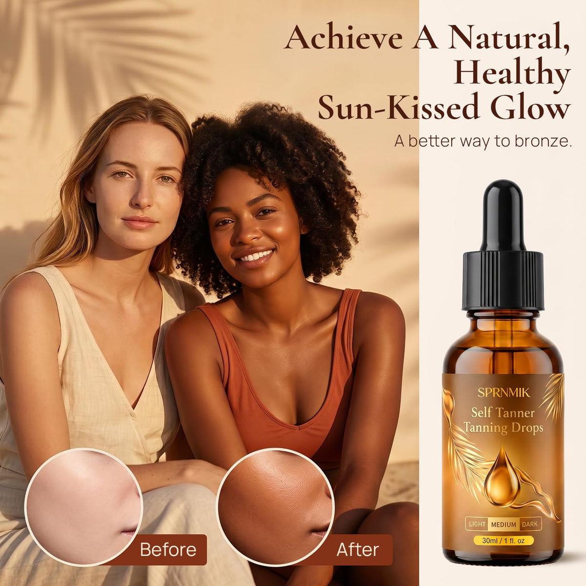 Self Tanning Drops for Face & Body, Face Self Tanner Drops with Natural-Looking Glow to Add to Moisturizer, Organic Sunless Tanner with Streak-Free & Non Orange,Skincare 1 Fl Oz (Medium) Sprnmik
