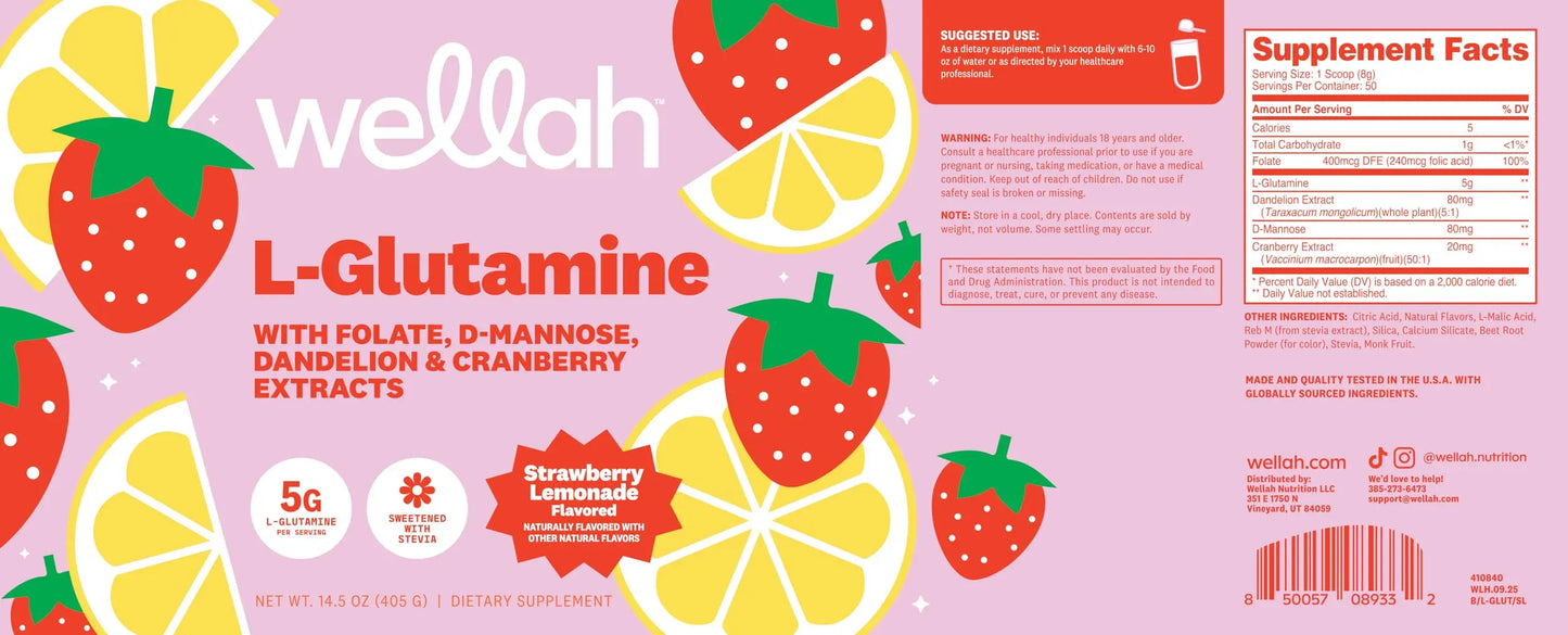 Wellah L-Glutamine Strawberry Lemonade Flavored (50 Servings) - 5g L-Glutamine Per Serving, Sweetened with Stevia Wellah