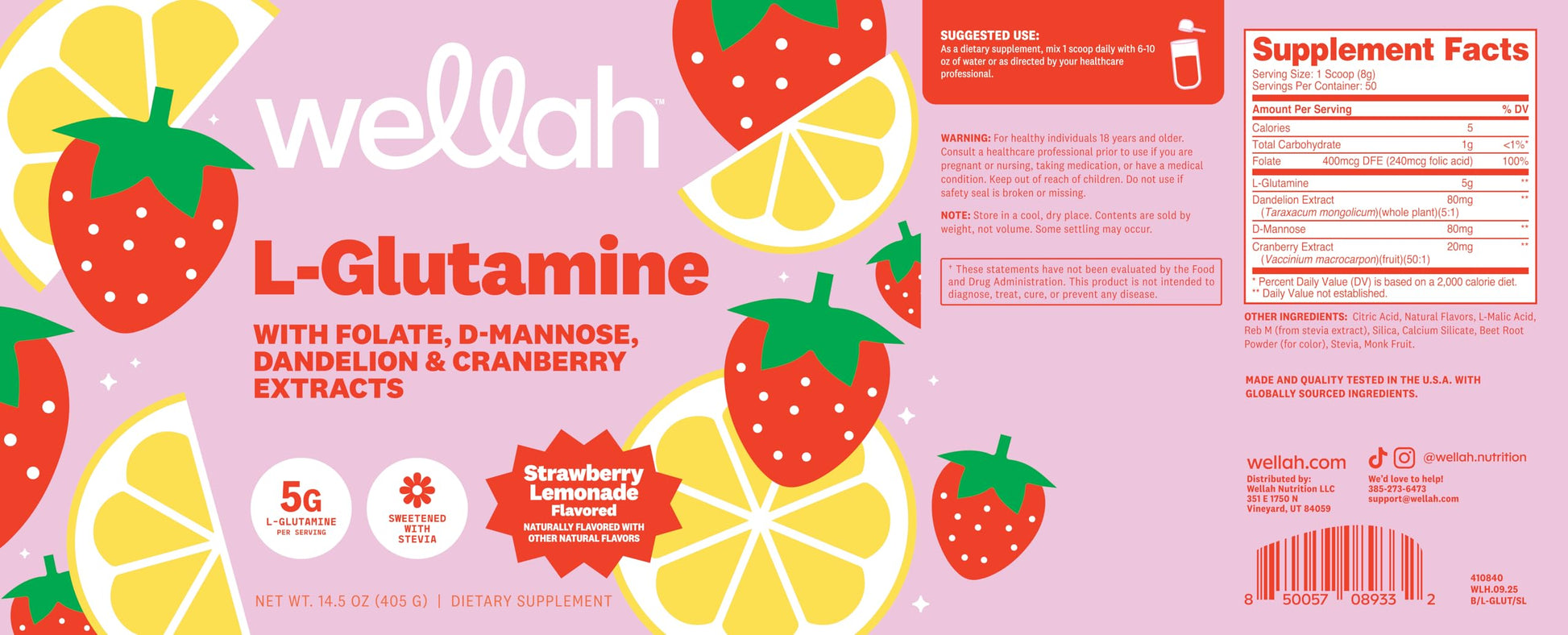 Wellah L-Glutamine Strawberry Lemonade Flavored (50 Servings) - 5g L-Glutamine Per Serving, Sweetened with Stevia Wellah buy australia supplements